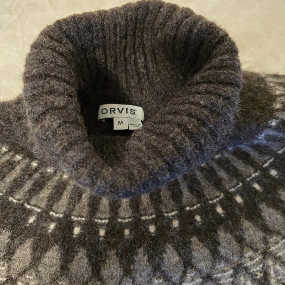 Orvis Fair Isle Turtleneck Sweater, Size Medium, Grey